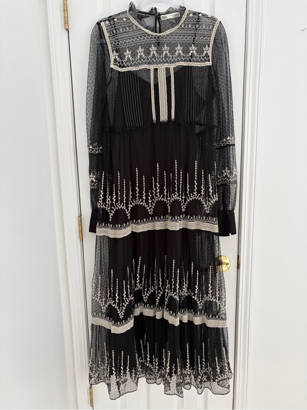 Zara Black Tule Maxi Dress with Cream Embroidered Accents